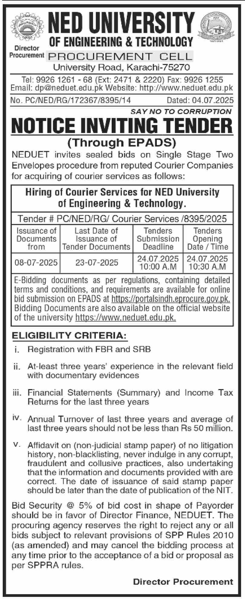 Ned University of Engineering & Technology Karachi Tender Notice